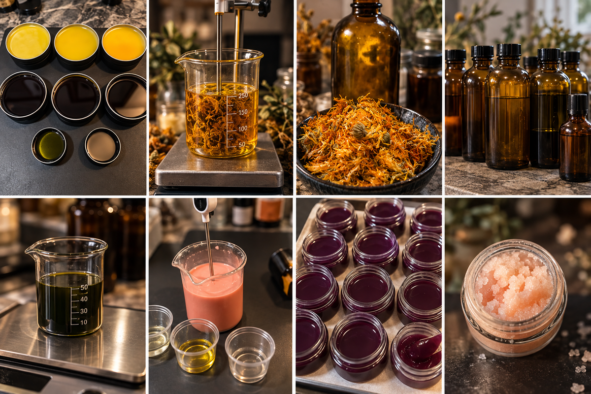 House of Obsidian small-batch making process with botanical infusions, salves, beakers and lip care production
